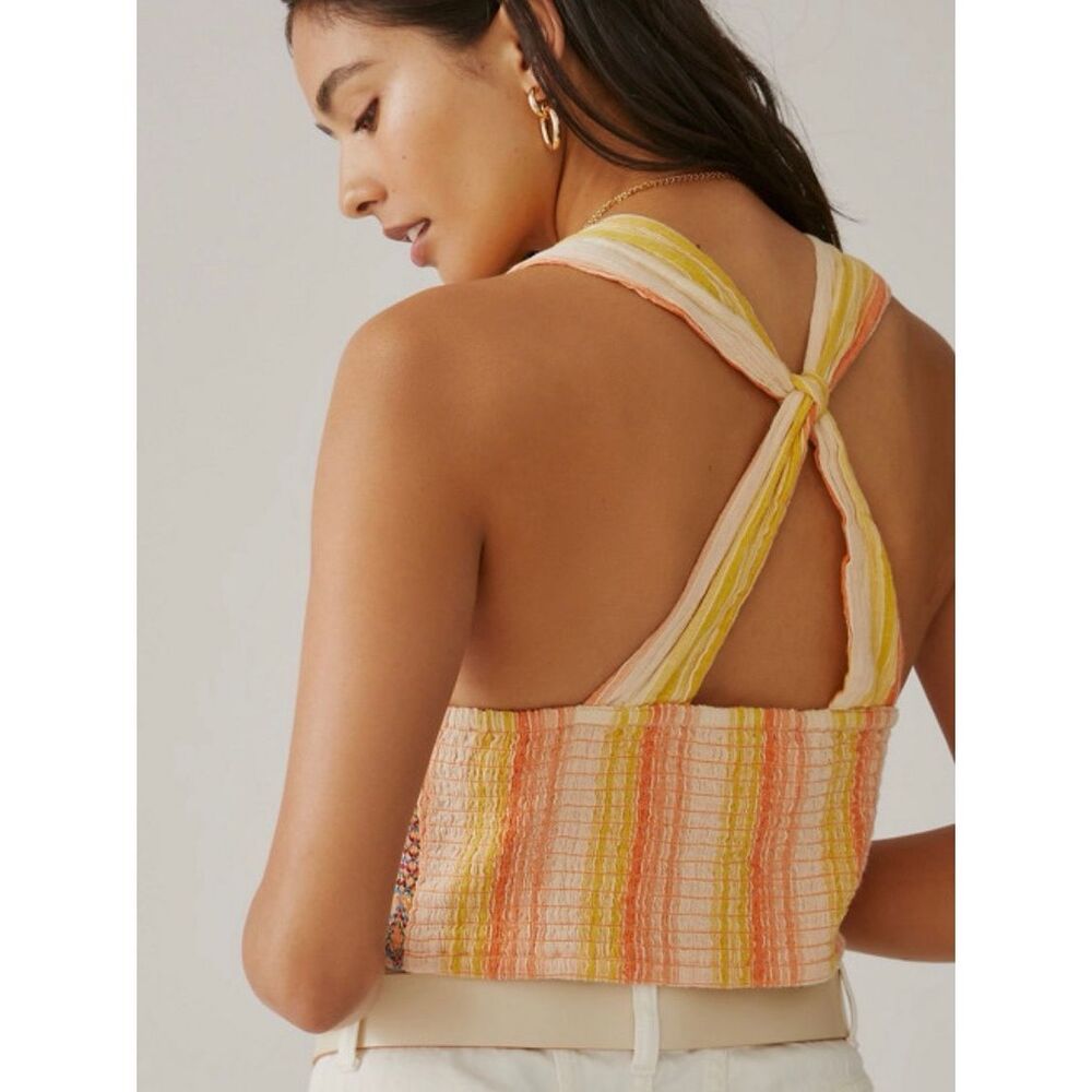 Anthropologie Large Striped Smocked Tank Crop Top Multicolor Boho Cotton V-Neck - Picture 6 of 11